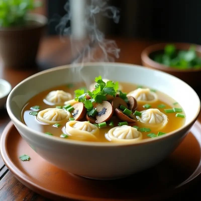 Cuenco de cerámica blanca con sopa humeante de wontons rellenos de cerdo, hongos shiitake en láminas y cebollino fresco, sobre fondo de madera oscura. Receta china de sopa de wonton con cerdo y hongos shiitake en olla exprés.