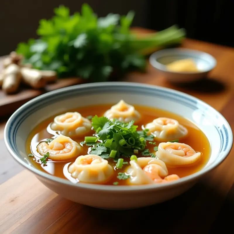 Cuenco de porcelana blanca con sopa de wonton con gambas y cilantro, mostrando wontons en forma de sobre flotando en un caldo dorado y transparente. Decorado con cilantro fresco, rodajas de cebolla verde y un chorrito de aceite de sésamo. Fondo de mesa de madera oscura con tazones de cerámica al estilo chino.