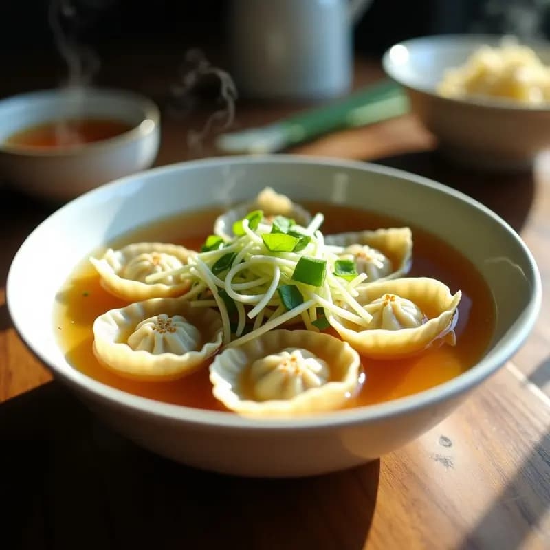 Bowl de cerámica blanca con sopa de wonton veganos en caldo dorado, brotes de soja, tofu sedoso y semillas de sésamo. Receta china sin gluten y ligera.