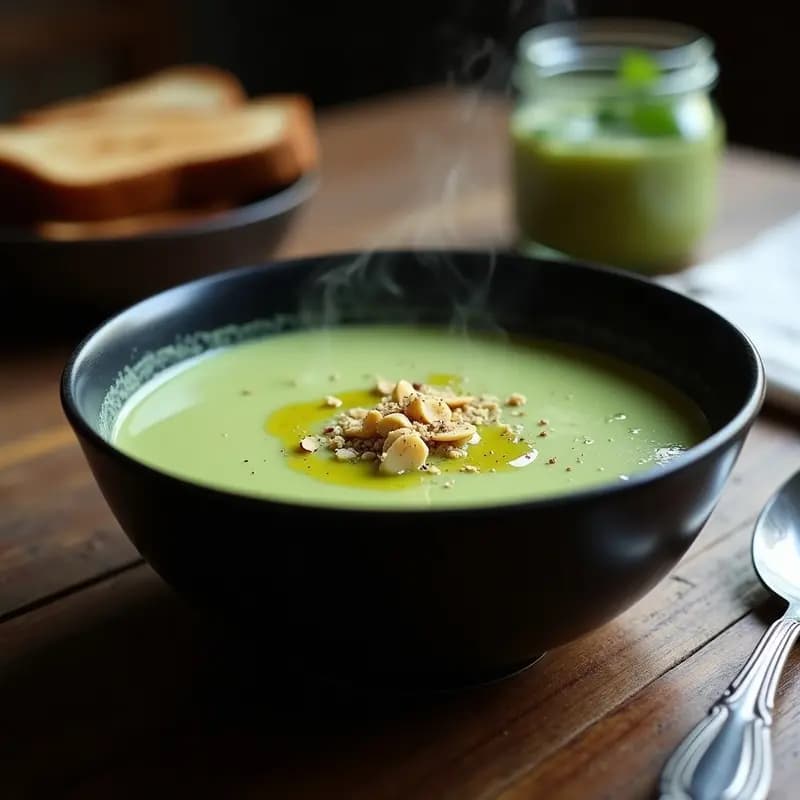 Cuenco hondo de cerámica negra con sopa cremosa de Zamorano y espinacas, espolvoreada con nuez moscada y acompañada de pan de centeno tostado y almendras fileteadas. Plato tradicional español con textura aterciopelada y colores verdes intensos.