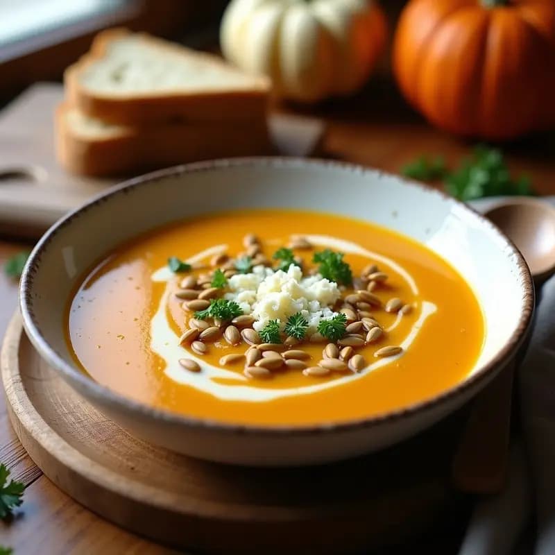Plato hondo de cerámica blanca con sopa cremosa de zapallo naranja, trozos de queso fresco blanco desmenuzado, semillas de calabaza tostadas doradas y perejil picado. Fondo rústico con pan de madera y cuchara de madera. Receta tradicional croata Puisor Ćurka.