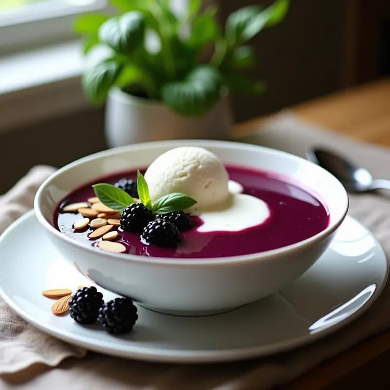 Cuenco blanco con sopa fría de zarzamora y albahaca, de color morado intenso, coronada con una bola de helado de yogur griego cremoso. Decorada con zarzamoras frescas, hojas de albahaca y almendras fileteadas, sobre un mantel rústico de lino.