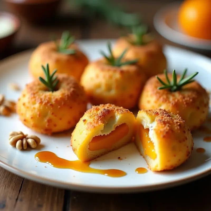 Plato de sopapillas de calabaza y queso azul doradas y crujientes, servidas con miel de romero y nueces picadas, aperitivo español gourmet.