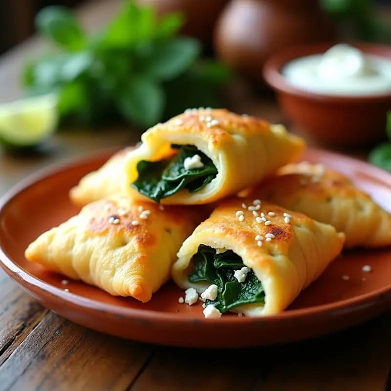 Sopapillas de espinaca y queso feta doradas y crujientes servidas en un plato de barro, con un fondo rústico y hierbas frescas. Aperitivo mexicano cocinado en freidora de aire.