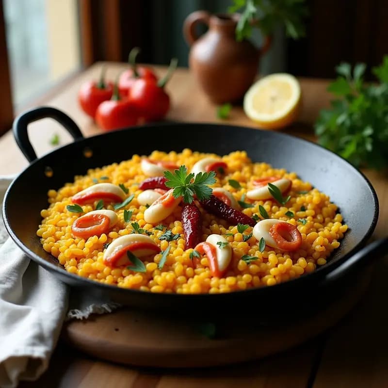 Paellera de hierro con Sopar Sec Català: arroz bomba dorado mezclado con trozos de calamares, ñoras picadas y perejil fresco, servido con gajos de limón al lado.