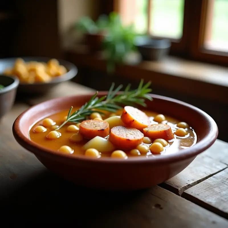 Cazuela de barro humeante con Sopar Sec Catalán: garbanzos dorados, rodajas de butifarra blanca y patatas en un caldo espeso y aromático, servido con una rama de romero y un hilo de aceite de oliva virgen extra.
