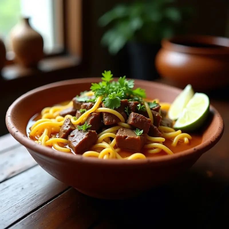 Plato hondo de barro con Sopar Seco Peruano de Res y Fideos, mostrando trozos de carne desmenuzada, fideos gruesos dorados, hierbabuena fresca espolvoreada y rodajas de limón al lado. Fondo rústico con textura de madera oscura.