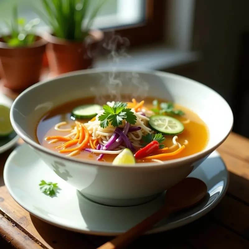 Cuenco de cerámica blanca con Soparindo, sopa indonesia de fideos de arroz en caldo de tamarindo dorado, verduras crujientes en juliana (zanahoria, pimiento, repollo) y brotes de soja, decorada con cilantro fresco y rodajas de chile rojo. Fondo de madera rústica con una cuchara de madera.