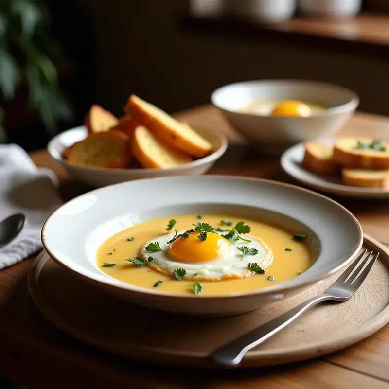 Cazuela de barro humeante con sopas de ajo riojanas, pan duro desmenuzado, huevos pochados y ajo frito por encima, decorado con perejil fresco.