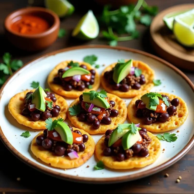 Plato de sopes mexicanos sin gluten con base dorada de masa de maíz y garbanzo, rellenos de frijol negro cremoso y chorizo vegano de hongos portobello, decorados con aguacate, lechuga romana y cilantro fresco.