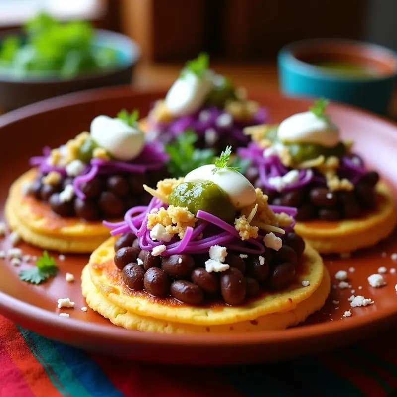 Sopes dorados y crujientes en airfryer con relleno de frijol negro cremoso y chicharrón desmenuzado, decorados con lechuga morada, queso fresco, crema y salsa verde, sobre un plato de barro rústico.