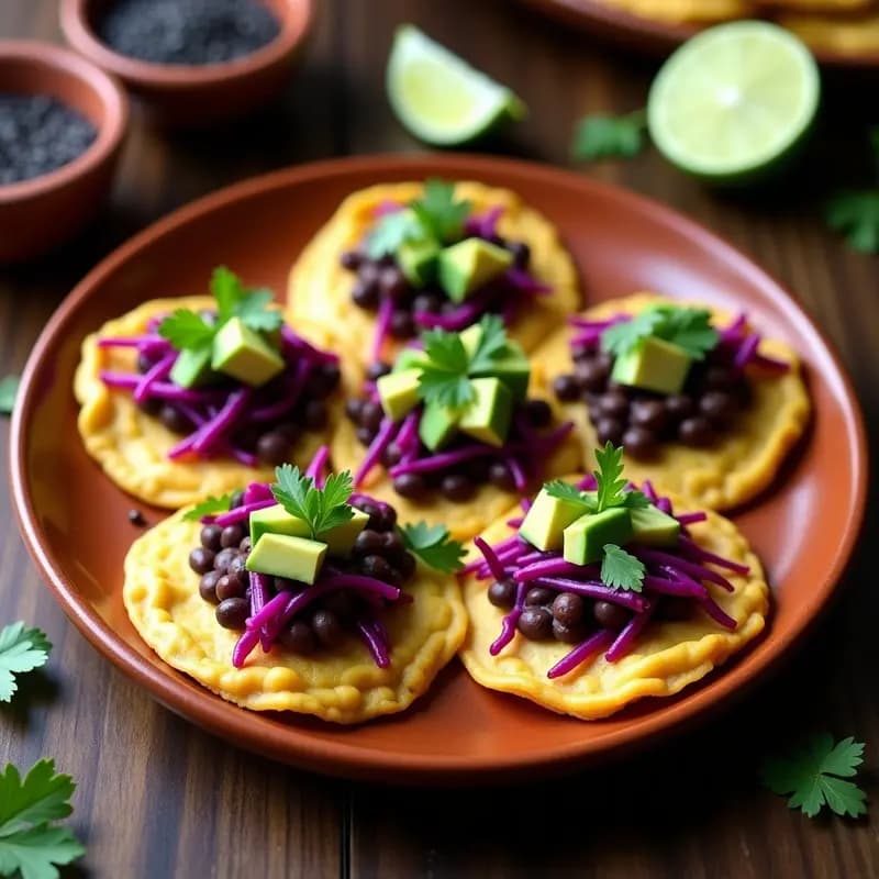 Sopes dorados y crujientes de masa de garbanzo, rellenos de una mezcla oscura de frijol negro y nopales verdes, decorados con semillas de sésamo y cilantro fresco, servidos en un plato de barro con fondo rústico.