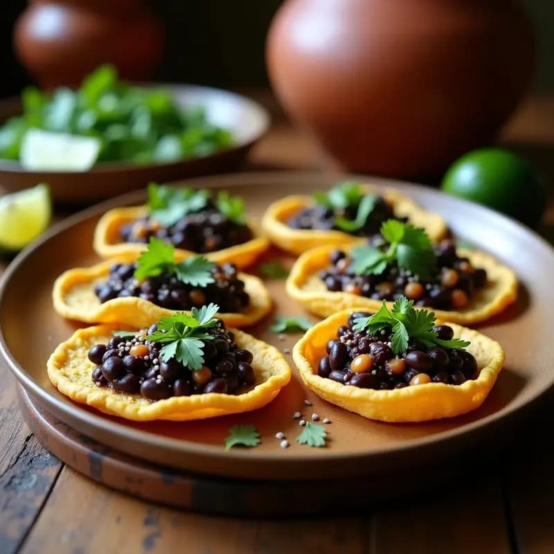 Sopes mexicanos dorados y crujientes rellenos de frijoles negros y flor de calabaza, decorados con aguacate, cilantro y semillas de sésamo, servidos en un plato de barro sobre una mesa rústica.