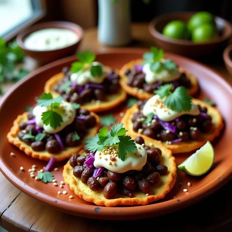 Sopes mexicanos dorados y gruesos sobre un plato de barro, rellenos de frijoles negros y chorizo vegano, decorados con cilantro fresco, lechuga morada, crema de anacardos y semillas de sésamo. Receta tradicional sin gluten.