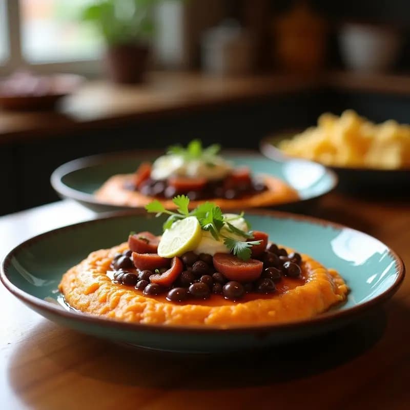 Plato con sopes mexicanos dorados y gruesos, rellenos de frijoles negros y chorizo desmenuzado, coronados con crema ácida, queso fresco, cebolla morada encurtida y cilantro fresco. Receta tradicional de sopes con frijoles negros y chorizo.