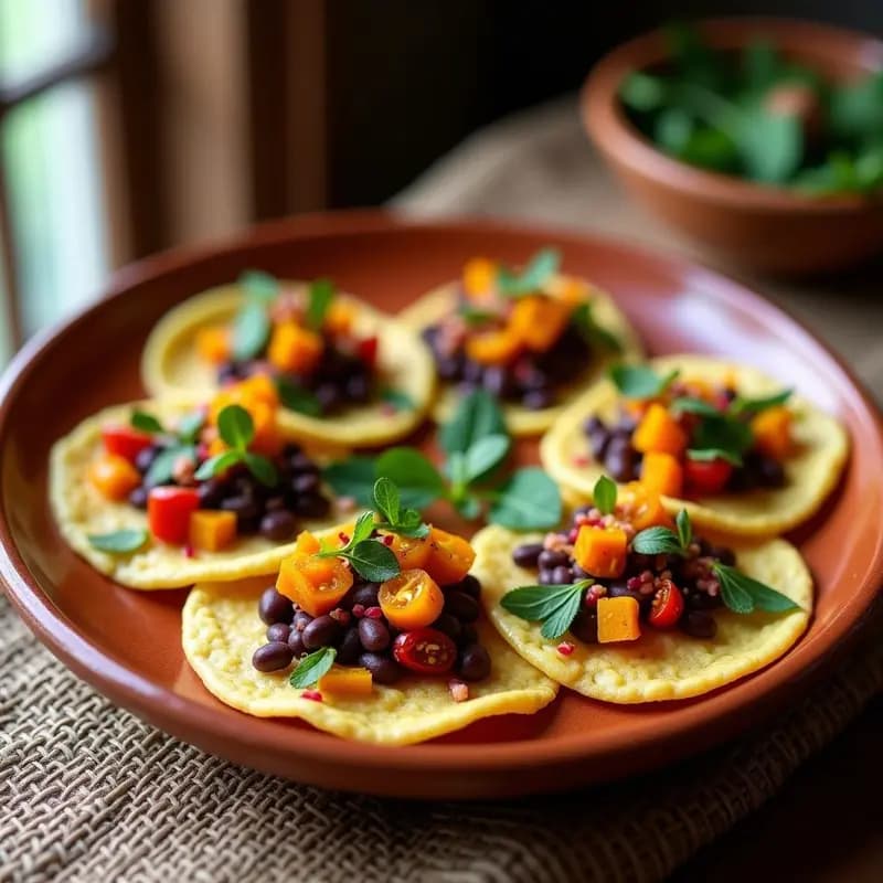 Sopes dorados y crujientes de masa de maíz rellenos de puré de frijoles negros, coronados con flor de calabaza salteada en aceite de oliva y ajo morado, decorados con epazote fresco. Plato tradicional mexicano vegano.