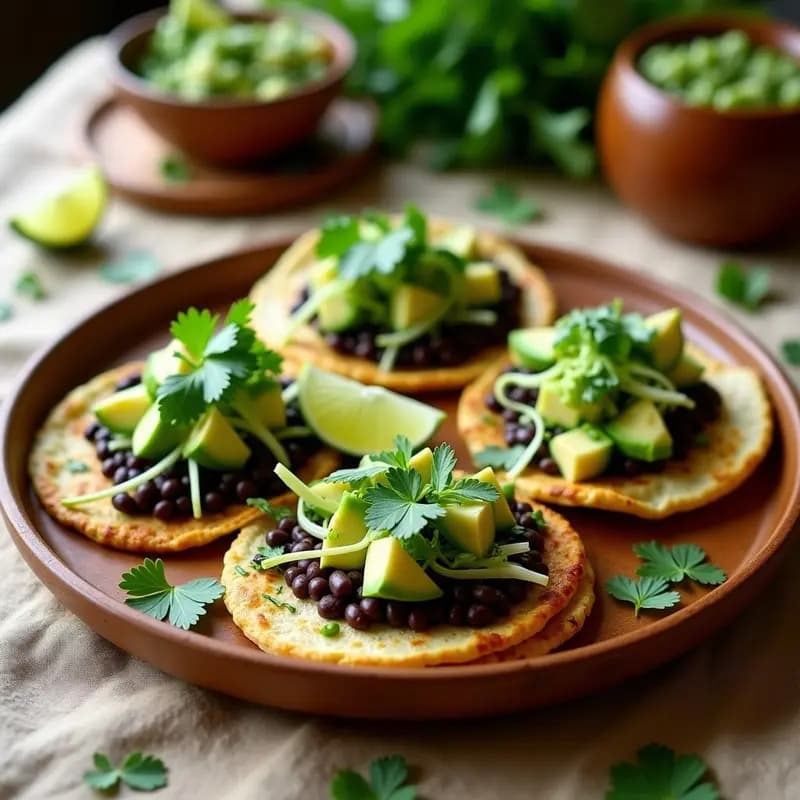 Sopes mexicanos de harina de maíz azul con relleno de frijoles negros y nopales asados, decorados con aguacate, lechuga morada y cilantro fresco sobre un plato de barro. Receta vegana y sin gluten.