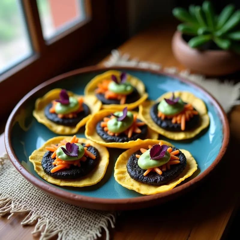 Plato de barro tradicional con seis sopes de masa azul fritos, rellenos de huitlacoche negro y flor de cempasúchil naranja, decorados con hojas de lechuga morada y crema de aguacate verde. Receta mexicana tradicional con ingredientes prehispánicos.