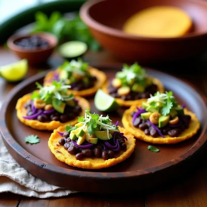 Sopes mexicanos dorados en comal, rellenos de frijoles negros cremosos y flor de calabaza salteada, decorados con queso fresco, crema vegana y semillas de sésamo. Plato tradicional sin gluten con textura crujiente y colores vibrantes.