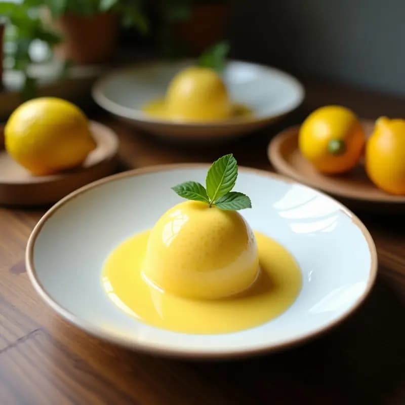 Sorbete de lichi y limón con hojas de hierbabuena servido en copa de cristal transparente, con cristales de hielo brillantes y decoración de hierbabuena fresca, postre chino refrescante sin azúcar.