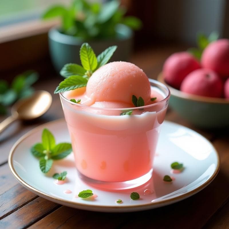 Sorbete de lichi y rosa con hojitas de mentas servido en copa de cristal, con tonos rosados y verdes, textura cremosa y decoración de menta fresca.