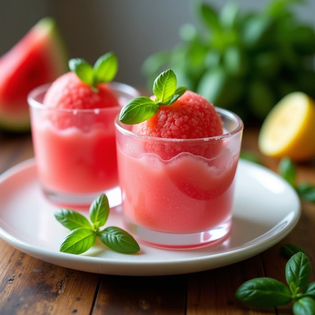 Copas de cristal transparente con sorbete de sandía y albahaca, de color rojo vibrante, decorado con hojas de albahaca fresca y gotas de limón, sobre una mesa de madera con fondo borroso de cocina veraniega.