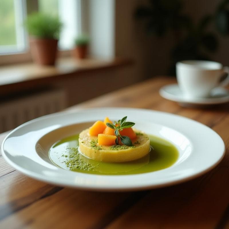 Copa de cristal transparente con sorbete de té verde y maracuyá de color verde pálido y amarillento, coronado con crujiente de coco dorado. Fondo con hojas de menta y una cucharita de plata. Postre keto sin lactosa.