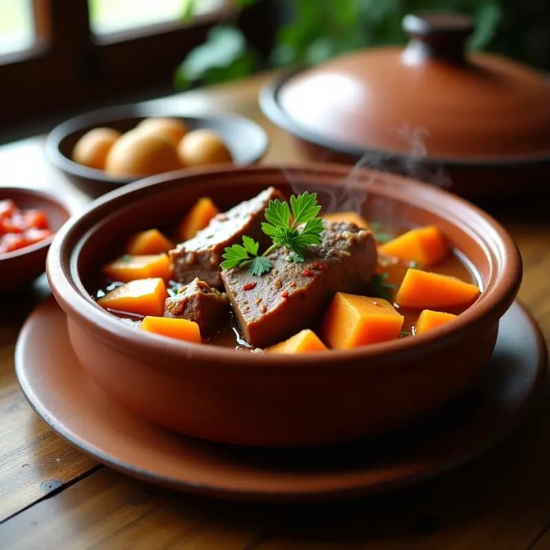 Olla de barro humeante con sorpotel canario, trozos de carne de cerdo, batata y patata en un caldo espeso, acompañado de mojo picón rojo en un cuenco pequeño. Plato tradicional canario servido en ambiente rústico.