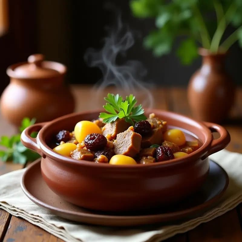 Olla de barro humeante con sorpotel canario: trozos de cerdo, patatas doradas, higos secos y pasas en un caldo espeso y aromático, típico guiso de las Islas Canarias con toque dulce.