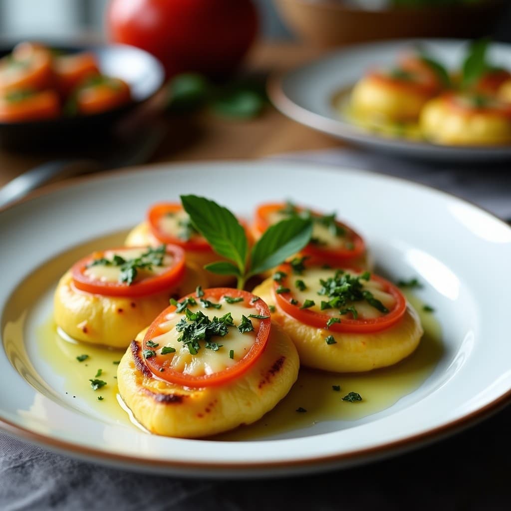Plato blanco con sorrentinos de calabaza y ricotta de anacardos bañados en salsa de salvia dorada, decorados con hojas frescas de salvia y virutas de calabaza asada, receta italiana vegana.