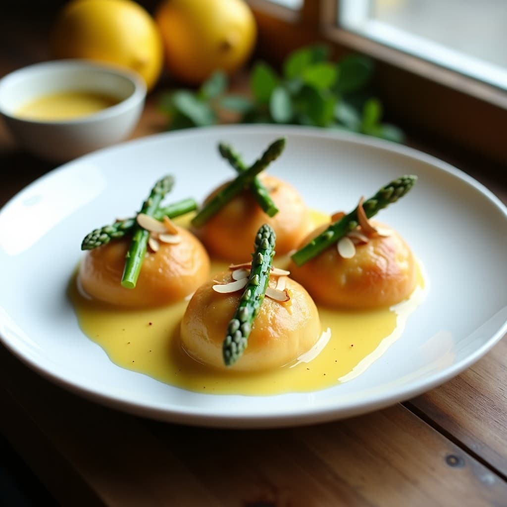 Plato blanco con sorrentinos keto de ricotta y espárragos bañados en salsa de limón confitado, decorados con espárragos al vapor y virutas de almendra, receta italiana sin harina.