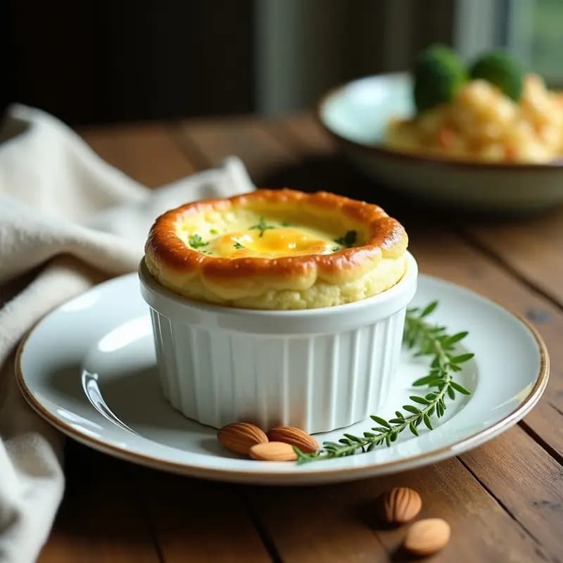 Soufflé de brócoli y queso de almendras vegano recién horneado en molde individual, dorado y esponjoso, con trocitos de brócoli visibles y un toque de nuez moscada, servido en plato blanco sobre mesa rústica de madera.