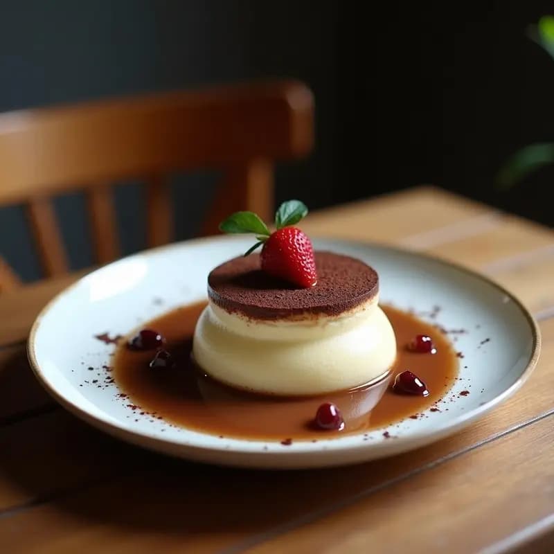 Soufflé de chocolate y aquafaba recién horneado, dorado y esponjoso, servido en molde individual con un toque de cacao en polvo y frutos rojos al lado, postre francés sin huevos ni lactosa.
