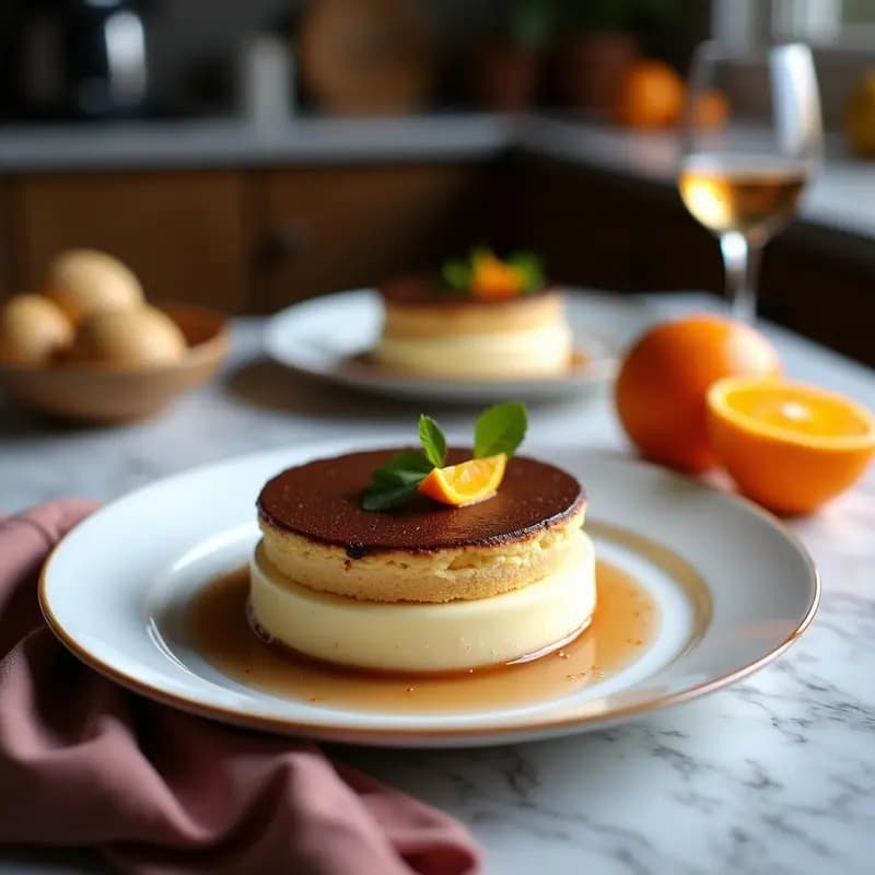 Soufflé de chocolate y naranja recién horneado en moldes individuales, esponjoso y dorado, con trocitos de cáscara de naranja confitada en la superficie, servido en plato blanco sobre fondo rústico.