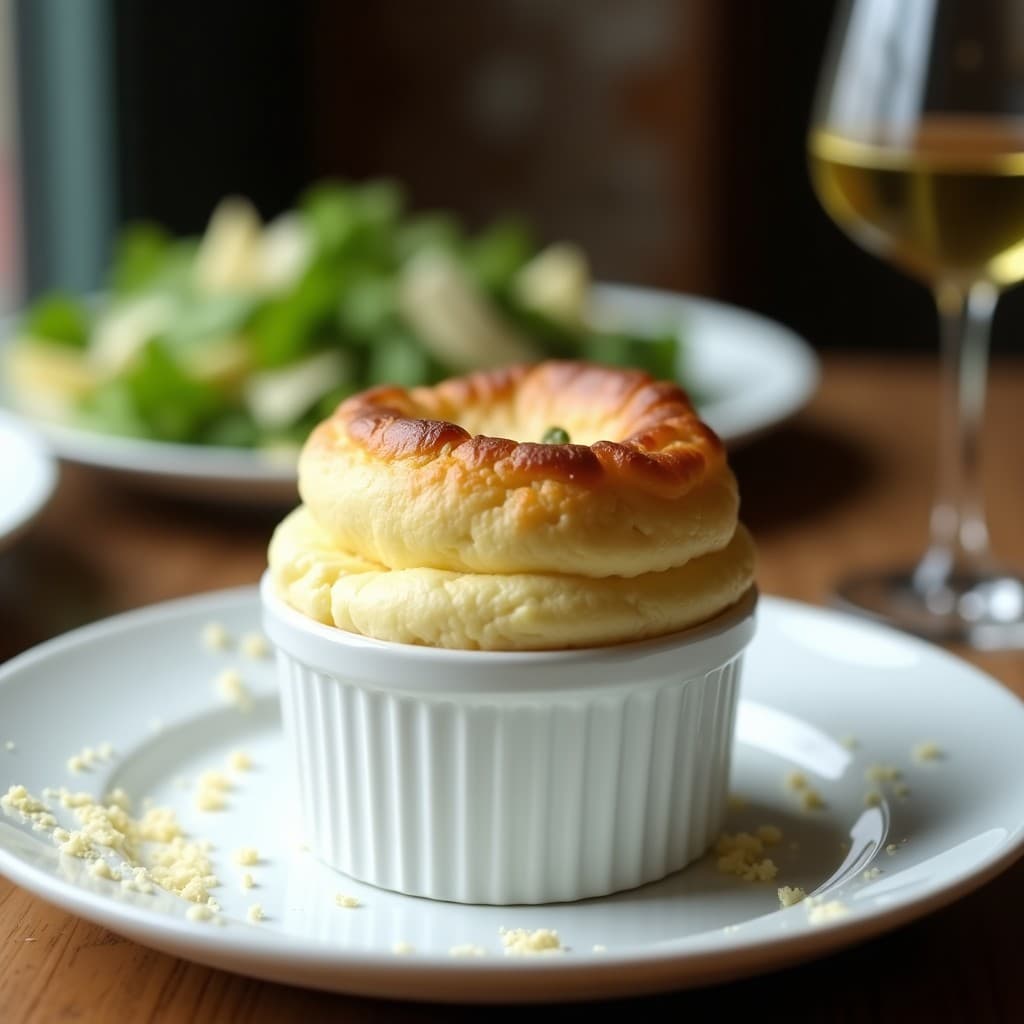Soufflé de espárragos blancos y parmesano recién horneado en ramequín individual, con puntas de espárrago asomando en la superficie dorada y esponjosa, servido en mesa rústica con fondo desenfocado.