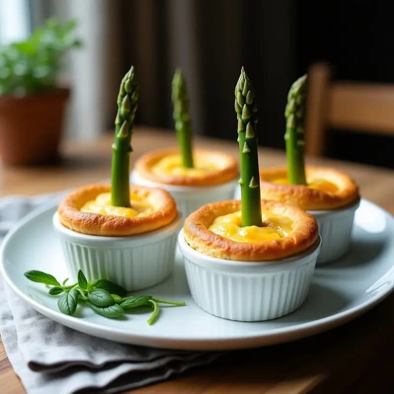 Soufflé de espárragos y parmesano vegano recién horneado, dorado y esponjoso, servido en moldes individuales de cerámica blanca con un espárrago triguero entero en el centro. Plato elegante de entrantes francés vegano, con textura aireada y color vibrante.