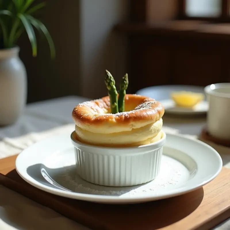 Soufflé de espárragos y queso de almendras vegano al horno, dorado y esponjoso, servido en molde individual de porcelana blanca con puntas de espárragos verdes como decoración, sobre mesa rústica de madera con mantel lino.
