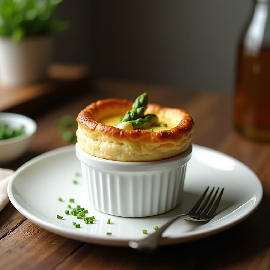 Soufflé vegano de espárragos blancos y queso de castañas recién horneado en molde individual, dorado por arriba y esponjoso, con trozos de espárragos visibles. Plato francés elegante servido sobre mantel blanco con hierbas frescas.
