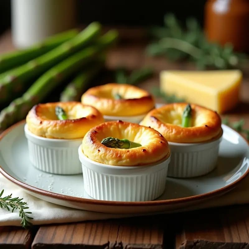 Soufflé de espárragos y queso Gruyère recién horneado en moldes individuales blancos, dorados y altos, con puntas de espárragos verdes asomando en el centro. Plato de entrante francés ligero y sin gluten sobre fondo rústico de madera con servilleta de lino.