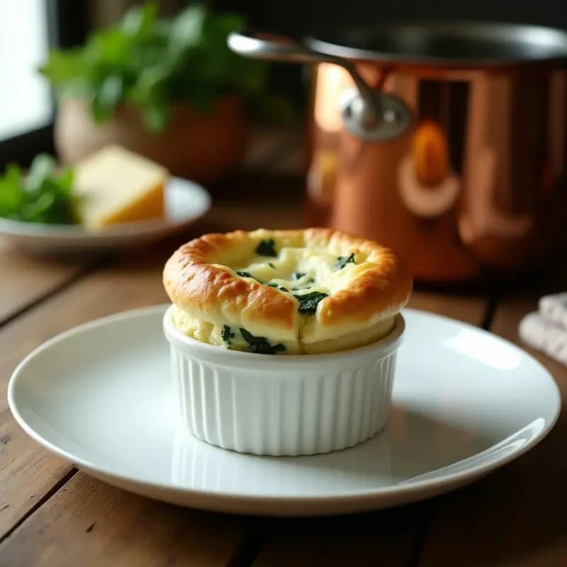 Soufflé de espinacas y queso de cabra recién horneado en molde individual, dorado y esponjoso, con vetas verdes de espinacas y trozos de queso de cabra fundido, servido sobre plato blanco con fondo de cocina rústica.