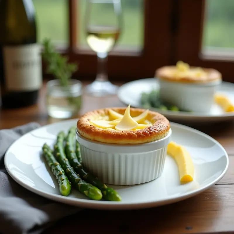 Soufflé de queso Manchego y espárragos verdes recién horneado, dorado y esponjoso, servido en molde de cerámica blanco sobre plato negro con fondo de espárragos frescos y virutas de queso.
