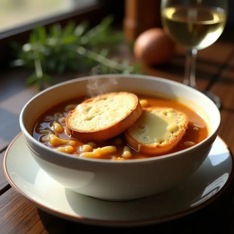Cuenco de cerámica blanca con soupe à l’oignon francesa humeante, cebollas caramelizadas en caldo dorado, cubierto con rebanadas de pan baguette tostado y queso Gruyère gratinado burbujeante. Fondos de cocina rústica y copas de vino blanco al lado.