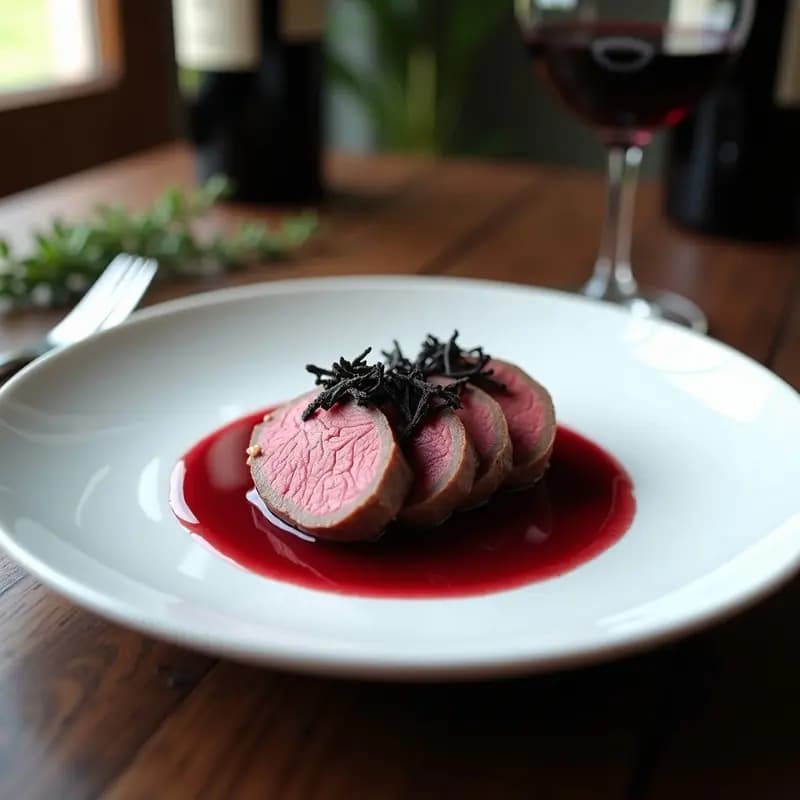 Plato gourmet francés con sous vide de res en rodajas perfectas, bañado en reducción de vino tinto brillante y decorado con láminas de trufa negra sobre fondo rústico.