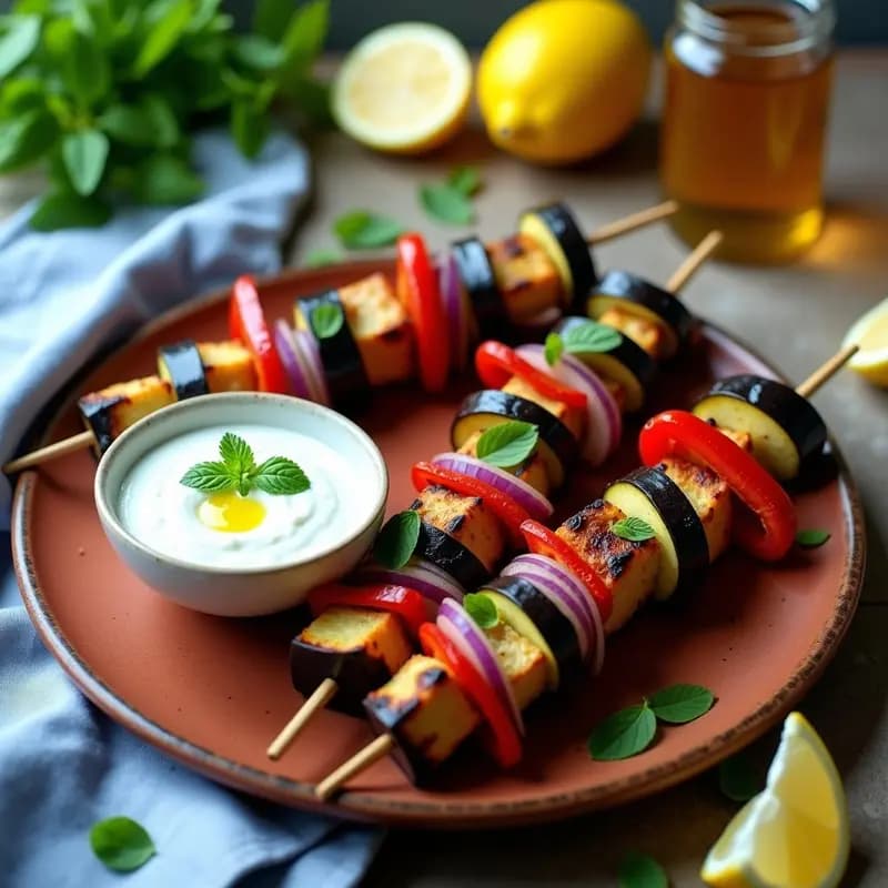 Brochetas veganas de souvlaki griego con trozos dorados de tofu, berenjena asada y pepino, servidas sobre un plato blanco con salsa tzatziki cremosa y semillas de sésamo, acompañadas de hojas de menta fresca.