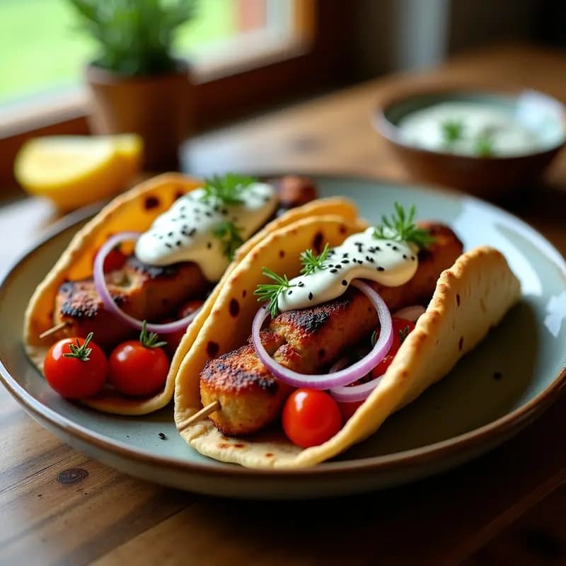 Brochetas de souvlaki de cerdo doradas en palillos de madera, servidas en pitas de espelta abiertas rellenas de cebolla morada, tomates cherry, aceitunas Kalamata y salsa Tzatziki cremosa, con semillas de sésamo espolvoreadas. Plato de cocina griega en Airfryer, fondo rústico de madera.