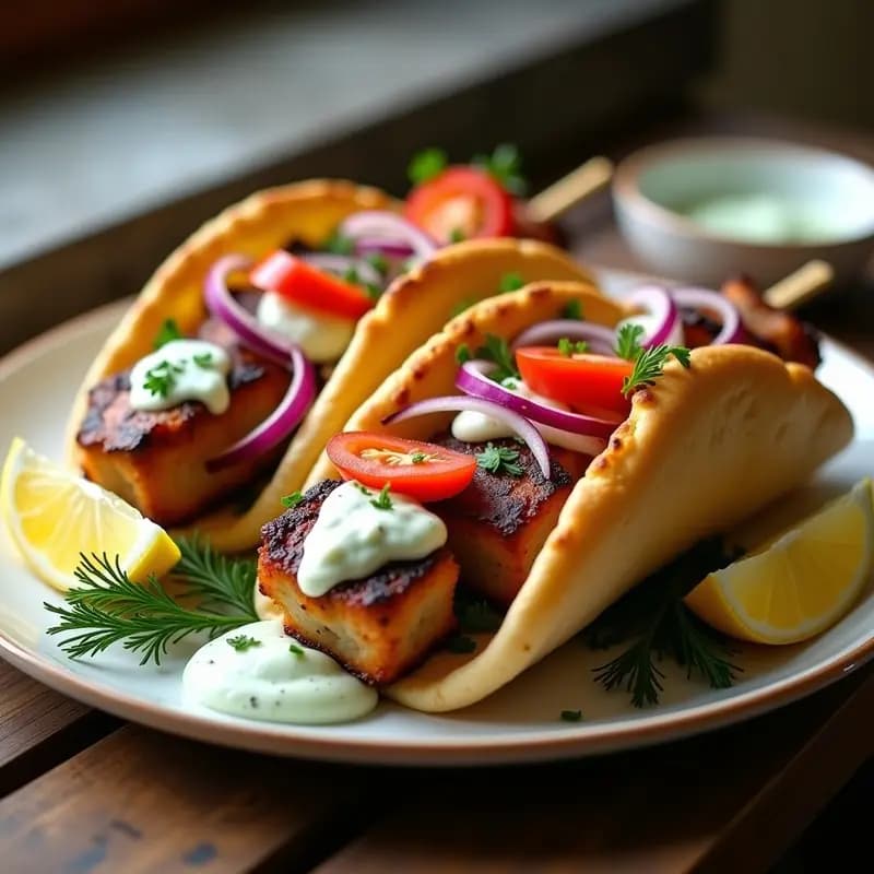 Brochetas de souvlaki de cerdo dorado servidas en pan pita abierto, rellenas de salsa tzatziki cremosa, cebolla morada y tomate fresco, espolvoreadas con semillas de sésamo. Plato típico griego para comer con las manos.