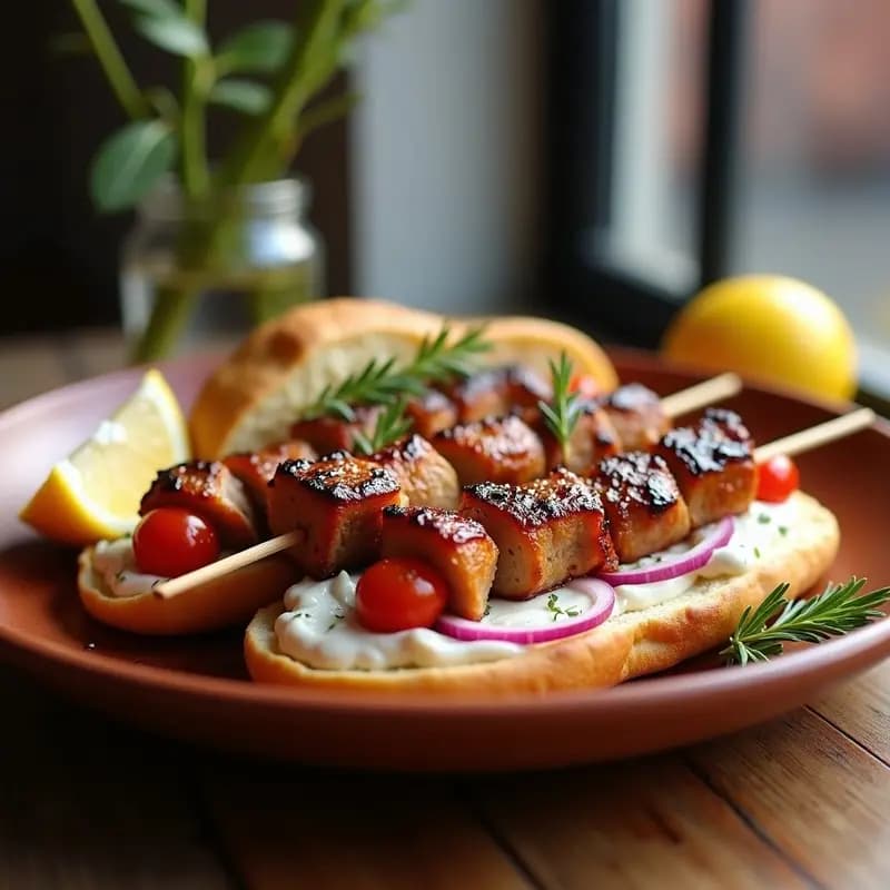 Brochetas de souvlaki griego de cerdo dorado con hierbas, servidas en pan de pita abierto relleno de tzatziki cremoso, cebolla morada y tomate cherry, sobre un plato de barro con fondo de calle ateniense.