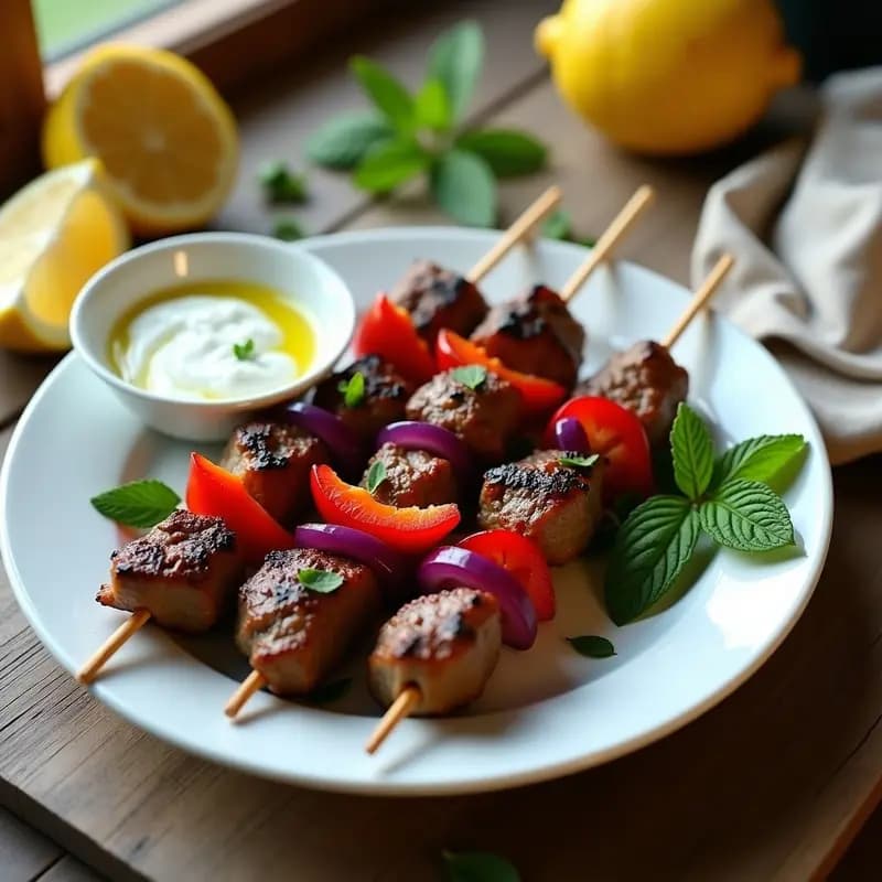 Brochetas de Souvlaki de Cordero al Estilo Griego doradas y jugosas, servidas con salsa tzatziki cremosa y semillas de sésamo, sobre un plato rústico de barro con fondo de madera oscura.