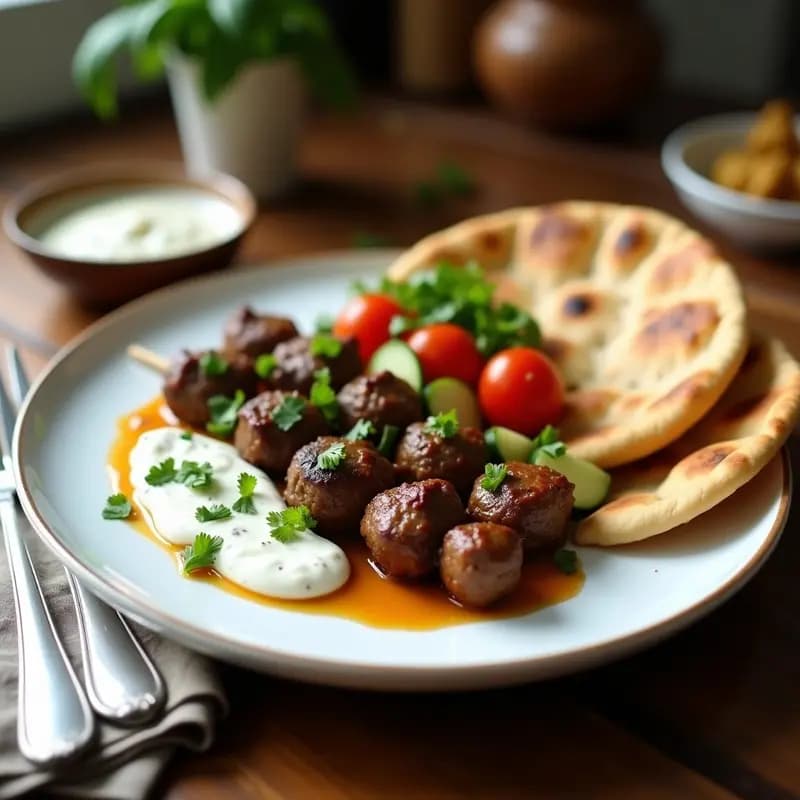 Brochetas de souvlaki de cordero dorado servidas en pita integral sin gluten, con salsa cremosa de yogur de coco, cebolla morada y pimiento rojo. Plato mediterráneo saludable y alto en proteína.