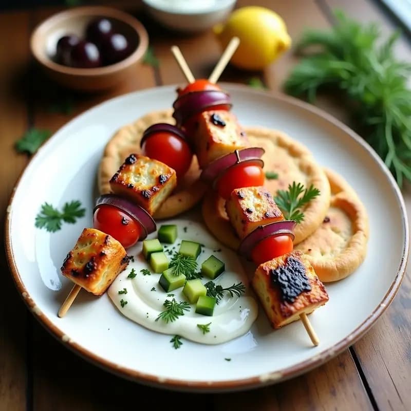 Brochetas de souvlaki griego de pollo al yogur doradas, servidas en pan pita integral relleno de tzatziki cremoso, rodajas de tomate y lechuga morada, con limón en gajos al lado. Plato rústico de madera con hierbas frescas de decoración.